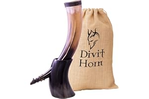 DIVIT HORN Corne à Boire Viking avec Support en Fer véritable Divit | Ornements en Laiton et Sac-Cadeau en Toile de Jute Inclus | Corne de 13 ’’ et capacité de 16 oz (400 ML) | L'original. (Wolf, Polished)