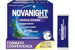 Novanight Tripla Azione Bustine, Magnesio, Melatonina per Dormire, Integratori per Dormire, Disturbi del Sonno - Senza Glutine, con Griffonia, Non Induce Dipendenza (40 Bst Gusto Camomilla e Agrumi)