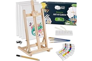 Artina 25 Pezzi Premium Set Pittura con Cavalletto da Tavolo in Legno FSC® – Tela, Set Colori Acrilici, Pennelli e Accessori – Kit Pittura Bambini e Adulti – Regalo di Natale Creativo – Lisbon