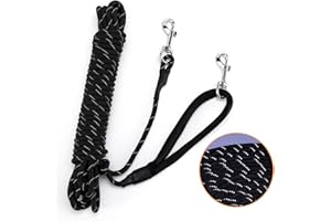 PETTOM Longe Chien 3m 5m 10m 15m 20m, Laisse Chien Longue avec 2 Mousquetons, Longe Corde d'attache Réfléchissante, 15m, Noir