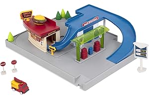 DRIVEN BY BATTAT Driven Pocket 5 Teile Mini Set Tankstelle mit Zapfsäulen, Drive-In Restaurant und mehr – Spielzeugautos mit Zubehör und Funktionen Spielzeug ab 3 Jahren