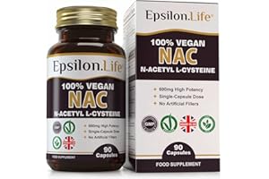 EPSILON LIFE NAC N-Acetyl-Cysteine 600mg L-Cysteine Vegan Supplement | 90 Capsules Pure NAC N-Acetylcysteine Cysteine | Glutathione Support Antioxidant | UK Made Clean Veggie Pills