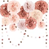Paper Pompoms Decoration Birthday Champagne and Rose Gold, 15 Pieces Tissue Paper Flowers with Garland for Wedding, Bridal Sh