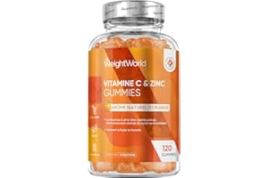 WEIGHTWORLD Vitamine C Gummies avec Zinc, 120 Gommes Vegan, pour Adultes et Enfants dès 3 Ans à l'Arôme Naturel d'Orange, 200mg Vit C Acide Ascorbique et 6mg Zinc Alternative aux Gélules et Comprimés