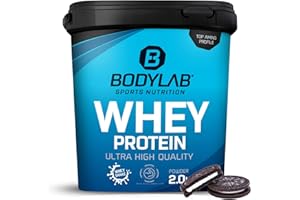 Bodylab24 Whey Protein Powder Cookies & Cream 2kg, pour des muscles plus forts, protéine de lactosérum peut favoriser la construction musculaire, avec 80% de protéines, sans aspartame