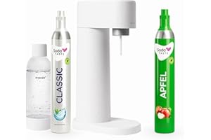 SODATASTE Sparpaket: Mysoda Woody - Wassersprudler aus erneuerbarem Holzkomposit mit 1L BPA-freier Plastikflasche, CO2-Zylinder Classic + CO2-Zylinder Apfel (Weiß)