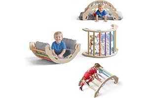 COSYLAND Montessori Klätterbåge av trä med kudde, klätterbåge för bebisar från 1 år, trägungbräda inomhus för gungning, klättring och krypning, bågvippa, regnbåge
