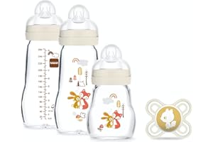 MAM Coffret (3 biberons verre + 1 sucette) – résistant à la chaleur – Biberon verre pour nourrisson dès la naissance en silicone
