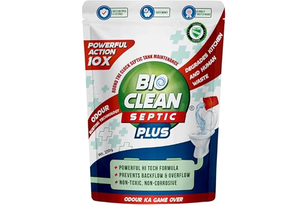 Bioclean Septic Plus - Septic Tank Cleaning Powder 10X Powerful Degrades Sludge Buildup Bacteria for Odour Removal Treatment Powder Pack of 1 (250gm)