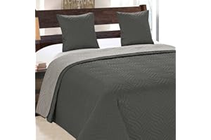 Euromat Tagesdecke Steppdecke Bettüberwurf Gesteppte Zweiseitig Tagesdecke mit 2 Kissenbezüge 40x40 cm- (Dunkelgrau Silber- 11, 220x240 cm)