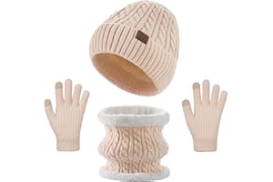 Simannie Girls Hat Scarf and Gloves Set - Warm Thermal Knit Girls Boys Hats Beanie for Ages 8-15, Elastic Fit for Skiing/Snow Play