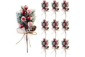 Feizeisun 10Pcs Red Christmas Berries Stems, 7.8 inch Snow Covered Artificial Pine Picks and Sprays Xmas Berry Picks with Pine Cones for Christmas Tree Decorations, DIY Wreath Garland Gift Wrapping