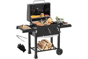 YITAHOME XXL Heavy-Duty Charcoal BBQ Grill Smoker with Cast Iron Cooking Grate & Adjustable Enamel Coal Tray - Portable Barbecue for Garden, Camping, Outdoor Parties (Heatproof Gloves & Grill Tongs)