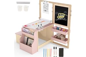 ‎HOMASIS HOMASIS 6 in 1 Kindertafel, Holz Kindertisch Stuhl Set mit Staffelei, höhenverstellbare Maltafel mit Kreidetafel & Whiteboard & Papierrolle, Kindersitzgruppe für Kinder ab 3 Jahren (Rosa)