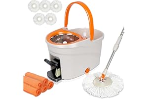 Zvonema Zestaw mopa z wiaderkiem, mopem i pedałem, 145 cm trzonkiem teleskopowym ze stali nierdzewnej i wiadrem do czyszczenia o pojemności 7 l, do wszystkich rodzajów podłóg, 5 głowic z mikrofibry