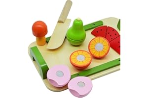 Mias juego de frutas de madera para cortar, set de tabla, cuchillo y 6 frutas de madera/fruta de madera para cortar con juntas de velcro/juguete de madera/comida de juguete