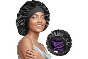 Umisleep 22 Momme 100% Mulberry Silk Bonnet for Sleeping Women,Double Layer-Inner Silk Hair Wrap with Satin Outer,Soft Elastic Band,Non-Slip Hair Bonnet for Long Curly Hair,Black+Purple