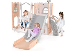 RELAX4LIFE 7 in 1 Scivolo per Bambini, Parco Giochi con Altalena, Scala da Arrampicata e Telescopio, Giochi Montessori per Interni, Palestra per Bambini 1 Anni + (Avanzato, Rosa+Grigio)