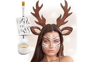 Festicy Cerchietto Renna con Corna di Renna o Cervo I Set Completo con Tatuaggio Facciale I Kit Trucco Teatrale Bianco I Accessori Capelli Natale I Accessori Natale Donna, Uomo e Bambini