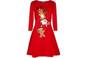 FASHION STAR Womens Christmas Xmas Long Sleeve Snowman Dancing Reindeer Santa Face Swing Mini Dress