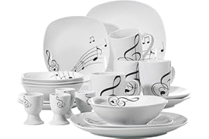 VEWEET 'Melody' 20-Piece Dinner Set Porcelain Tableware SetIvory White Musical Note Patterns Combi-Set with 4 Egg Cup 4 Mug 4 Dessert Plate 4 Bowl 4 Dinner Plate