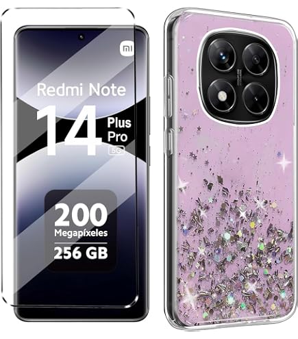 Handyhülle Für Xiaomi Redmi Note 14 Pro+ Plus 5G – Transparente TPU-Hülle Mit Glitzerfolie & Galvanik-Rahmen (Lila)