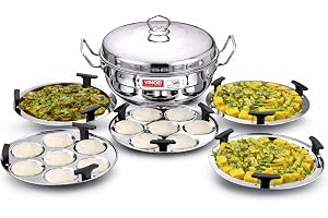 Vinod Stainless Steel Multi Kadai with 5 Plates - 26cm | 2 Idli, 2 Dhokla/Momos and 1 Patra Plates|nduction & Gas Stove Friendly, Sturdy Handle,SAS Bottom