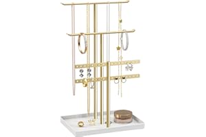 PICKPIFF Organisateur de Support à Bijoux à 3 Niveaux - Support Solide pour 80 Pièces de Bijoux - Porte-Bijoux Doré - Porte-Bijoux pour Colliers, Boucles d'oreilles, Bracelets, Bagues - Cadeau pour Femmes