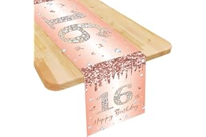 DOMGOGE 16th Birthday Table Runner for Girls Her Rose Gold Happy 16th Birthday Table Runner Women 16 Years Old Birthday Celebration Party Decorations Non-Slip Dining Table Linen Cover Cloth, 180x35cm Long