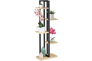 Relaxdays Estantería Metálica Plantas, Escalera Macetas 5 Baldas Interior, Efecto Madera, 117x43x22 cm, Marrón Claro, Tablero de Fibras, 117 x 43 x 22 cm