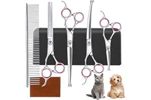MIRUN Ciseaux Toilettage Chien, Ciseaux Toilettage Chien Professionnel 4CR Acier Inoxy Tranchant, Ciseaux Chien Toilettage avec Peigne Chien, Kit Ciseaux de Toilettage pour Chiens avec Tête Arrondie