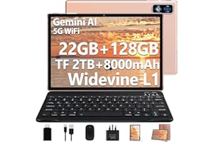 OANGCC 2026 Tablet 10 Inch Android with Gemini AI, 22GB RAM+128GB ROM(TF 2TB), GMS, 8000mAh, Octa Core 2.0GHz, 5G WiFi, Widevine L1, FHD, 8+5MP, GPS | BT5.0 | Face lD, Tablet with Keyboard & Mouse, Rose Gold