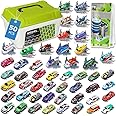 50 Pcs Pull Back Toy Cars Airplanes with Storage Box and Map, Alloy Mini Race Push and Pull Back Cars Planes Vehicles Toys for Kids, Party Favors Suitable for 3+ Years Old Kids Boys Girls Gift