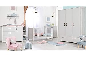 roba Cameretta per Bambini "Mila", Lettino Combinato 70 x 140 cm, Fasciatoio con Cassettiera, Armadio a 3 Ante, Bianco/Grigio