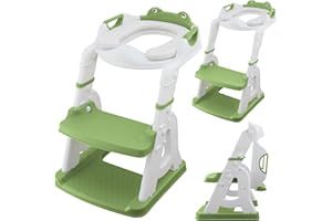 ALMAR Baby Escalera para wc rana verde y blanco Asiento Inodoro Infantil con Escalera Reductor WC para Niños Antideslizante, Ajustable y Plegable Entrenador de Baño para Niños de 1 a 7 Años
