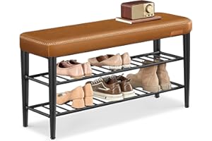 VASAGLE EKHO Collection - Shoe Bench, Storage Bench, Shoe Rack Bench Entryway, Synthetic Leather with Stitching, Mid-Century Modern, Loads 135 kg, 30 x 100 x 50 cm, Caramel Brown LSB113K02