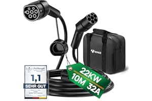 ‎GONEO GONEO Typu 2 Kabel ładujący 22kW 10M 32A Kabel do ładowania Samochodów Elektrycznych Typu 2 3-fazowy Tryb 3 do Samochodów E EV/PHEV Typu 2 do Typu 2/CSS2 Kabel do ładowania EV z torbą Transportową