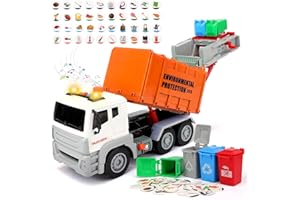 kramow Garbage Truck Toy with Lights and Sounds, Truck Toys, Friction-Powered Car Toy with 4 Garbage Cans, Vehicles Toys Gifts for Kids Boys Girls 3 4 5 6 Years Old, Orange