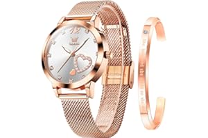OLEVS Ladies Watches Rose Gold Stainless Steel Mesh Strap Heart Diamond Fashion Dress Japanese Quartz Waterproof Luminous Bracelet Sets (White)