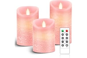 AnnSpa LED Kerzen Batteriebetriebene mit Fernbedienung, 3 Set Flammenlose Echtes Wachs Flackern Moving Wick Flackern Amber Yellow Light Pillar Candles, Unscented Wachs Rosa [Energieklasse G]