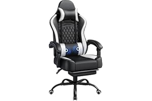 Yaheetech Gaming Chair, Ergonomic Racing Gaming Chair with Massage Lumbar Pillow, High-Back Office Chair with Slide-Out Footrest and Padded Linkage Armrests for Adults (Black/White)