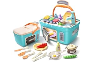 Cute Stone Juego de Picnic y Cocina para Niños, Cesta de Picnic Portátil con Música y Luces, Comida Cambia de Color, Fregadero, Horno de Juguete y Accesorios, Juguetes para Niños y Niñas