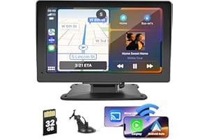 Hikity Radio Coche Portátil Inalámbrico Android Auto Carplay 7'' Pantalla Coche sin Instalacion con Control de Voz Apple Airplay Bluetooth FM Mirror Link Tipo C Interfaz 32G TF Card 7V-32V