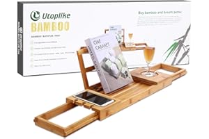Utoplike Bamboo Bathtub Caddy Tray Bath Tray for Tub, Adjustable Bathroom Bathtub Organizer with Book Tablet Wine Glass Cup Towel Holder, Bath Tray Distinctive Gift for Christmas