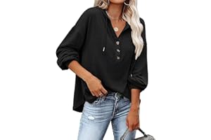 VIGVAN Kapuzenpullover Damen Hoodie Langarm V-Ausschnitt Pullover Knopfleiste Henley Sweatshirt mit Kapuze Kordelzug Oberteil