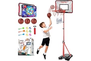 OLUTULA Basketball Hoop for Kids, 3 in 1 Dart Board with Darts & Small Balls and 3 Mini Basketballs, Adjustable Basketball Stand with Basketball Hoop Height 3.7FT-6.2FT, Toy Gift for Boys Girls Ages 3+