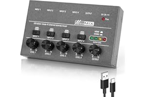 OFFCUP 4 Channel Audio Mixer, Mini 5V Ultra Compact Low-Noise Line Mixer, Metal Karaoke Sound Mixers with Separate Volume Adjustment for Guitar Bass Keyboards Stage Microphone Mixer (Grey)