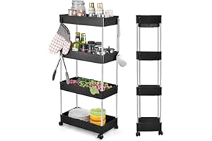 Wopeite 4-Tier Storage Trolley on Wheels, Narrow Utility Kitchen Cart Bathroom Trolley, Space-Saving Rolling Shelving Organiser for Office, Kitchen, Bathroom, Laundry Room, 40 x 22 x 86 cm