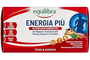Equilibra Integratori Alimentari, Energia Più, Integratore con Magnesio, Vitamina C, Vitamina B12, Ginseng, Guaranà e L-Carnitina, Gusto Cola, Senza Glutine, 10 Flaconcini Pronti da Bere