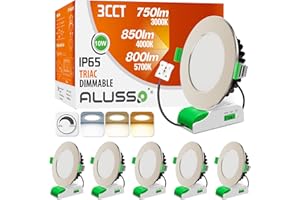 ALUSSO Spot LED Encastrable Ultra Plat Dimmable 230V 10W Spot Plafond 3000K 4000K 5700K Étanche IP65 Réglable Plafonnier Encastré pour Salle de Bain, Salon,La cuisine, Lot de 6,Nickel
